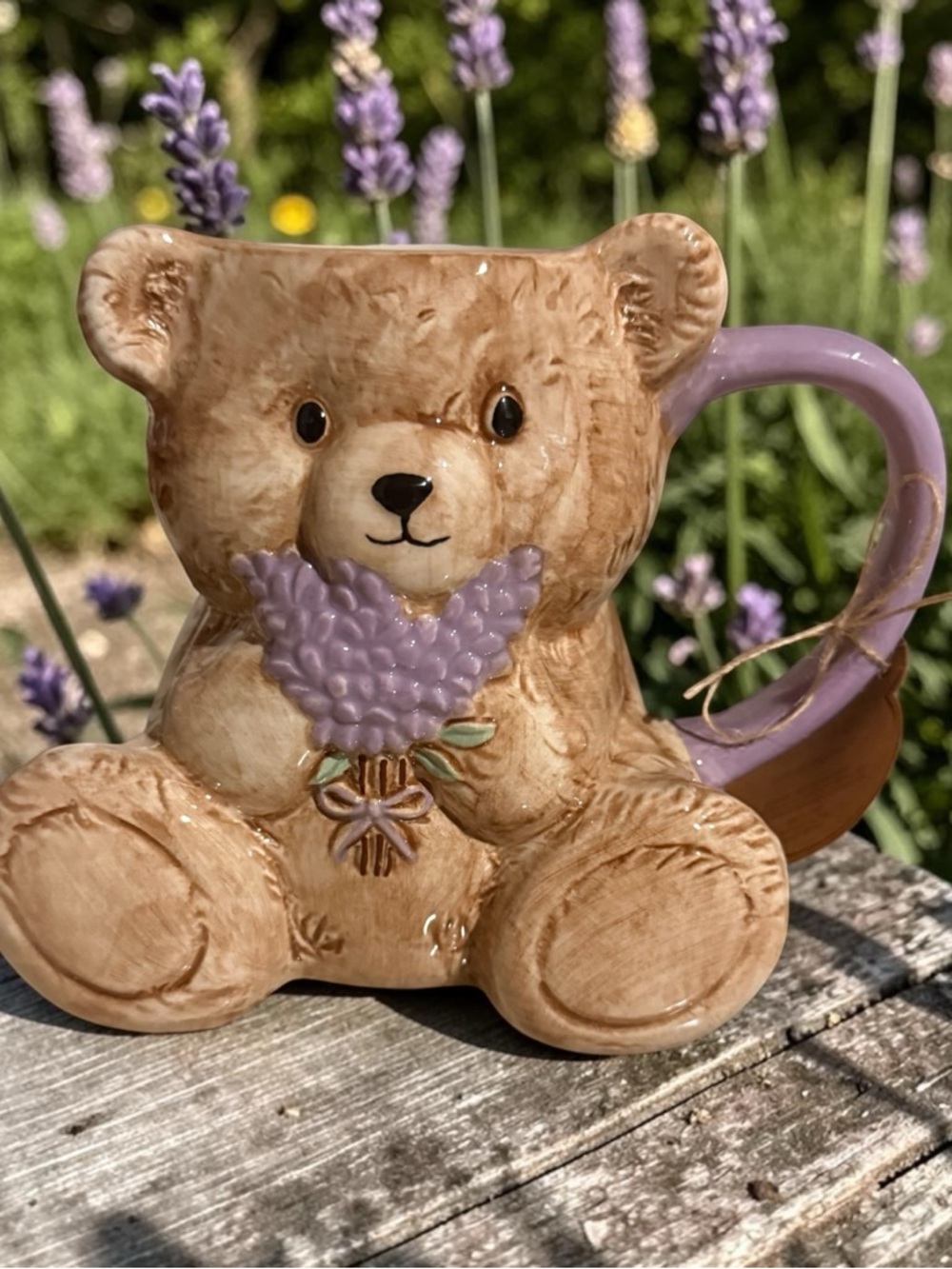 Ceramic Bear Mug with Lavender Bouquet - Purple Handle